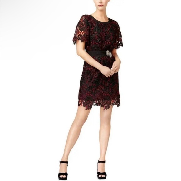 Kobi Halperin Dresses & Skirts - Kobi Halperin Lace Dress Black Red Belt Tie Short Sleeve Party Wedding Event